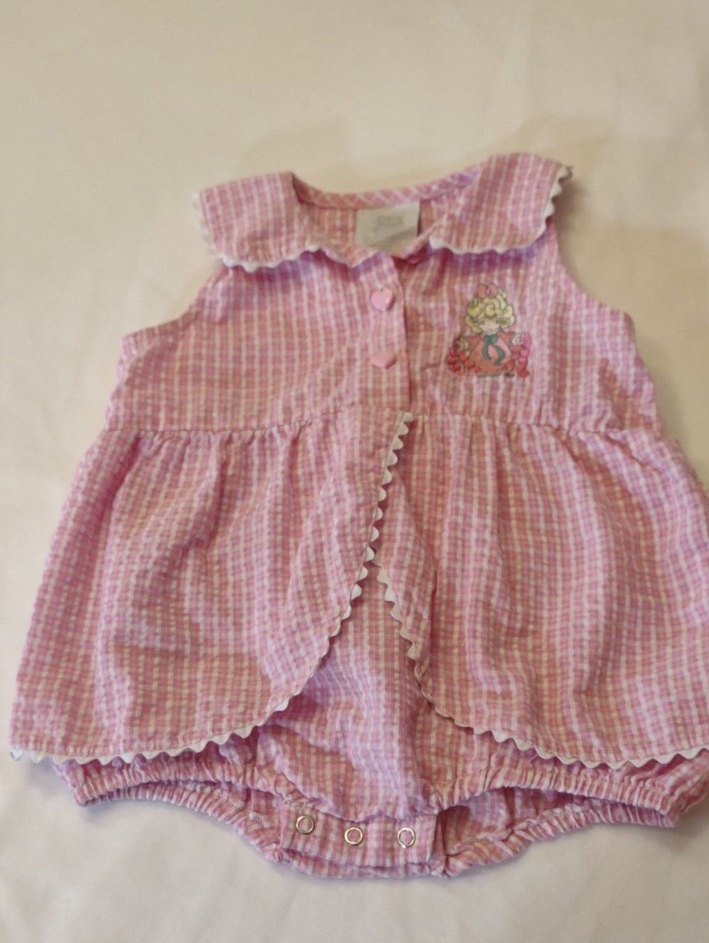 Vintage Precious Moments Pink Gingham Baby Romper w/Heart Buttons - Size 6/9 Mos